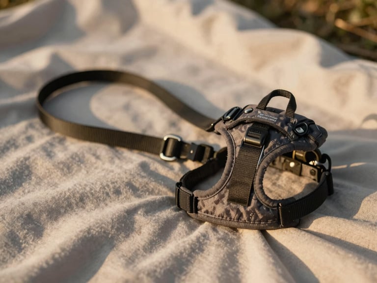 A sturdy, comfortable dog harness and leash laid on a soft blanket, warm editorial photography, natural light, shallow depth of field