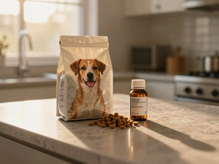 A small bag of dog food and a labeled medicine bottle on a kitchen counter, golden-hour light, warm editorial photography, shallow depth of field