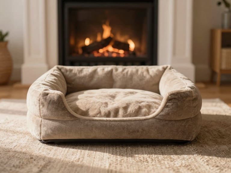 A cozy dog bed on a living room rug next to a fireplace, empty, inviting, warm editorial photography, natural light, shallow depth of field