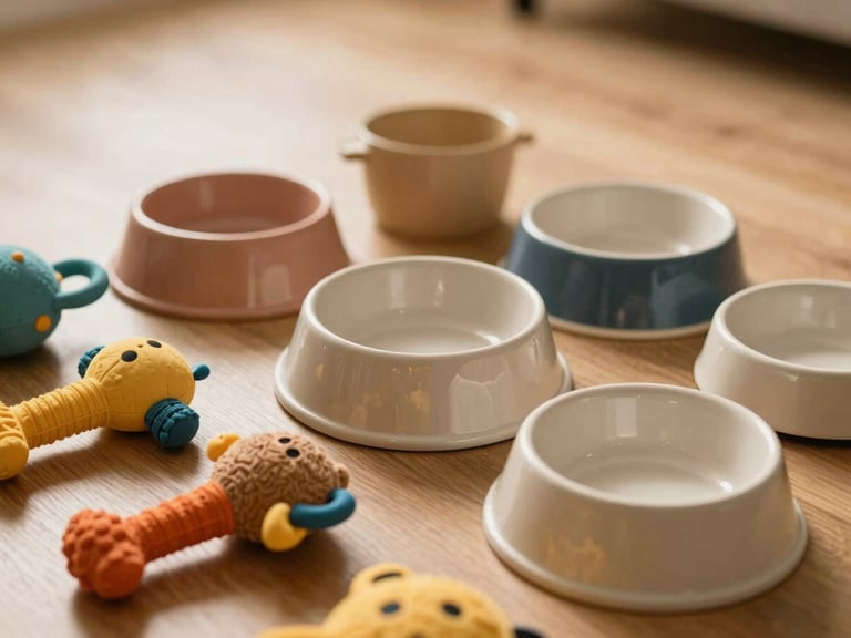 A collection of durable, dog-safe toys and clean ceramic dog bowls neatly arranged, warm editorial photography, soft lighting, shallow depth of field