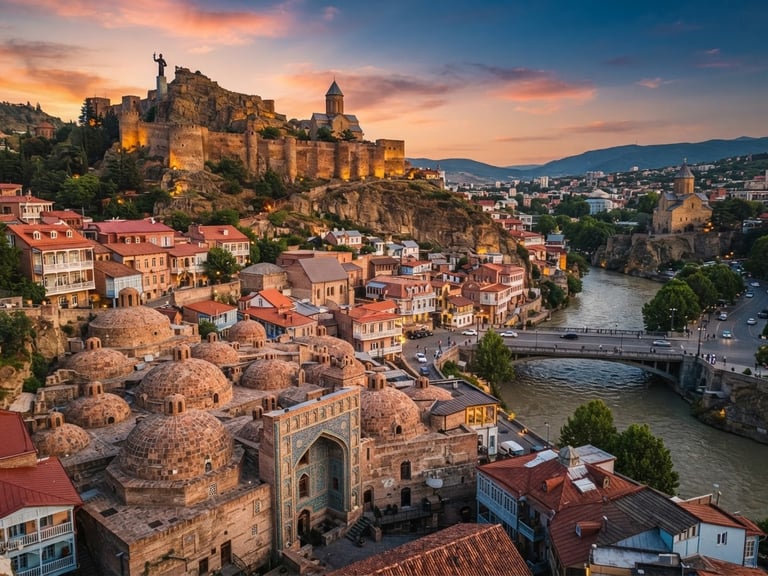 Wide environmental landscape of Tbilisi, Georgia at sunset, warm golden light hitting the historic sulfur baths and Narikala Fortress, rich saturated tones.