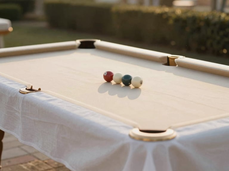 A perfectly set poolside table under a canopy at golden hour, crisp white linen, champagne gold accents, warm natural light, shallow depth of field.