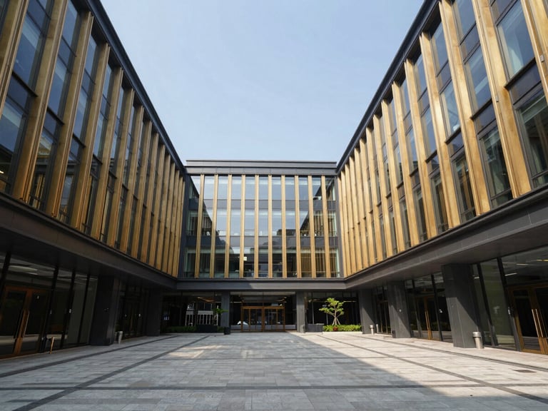 Wide-angle architectural daylight shot of a modern corporate headquarters courtyard, clean geometric lines, professional atmosphere