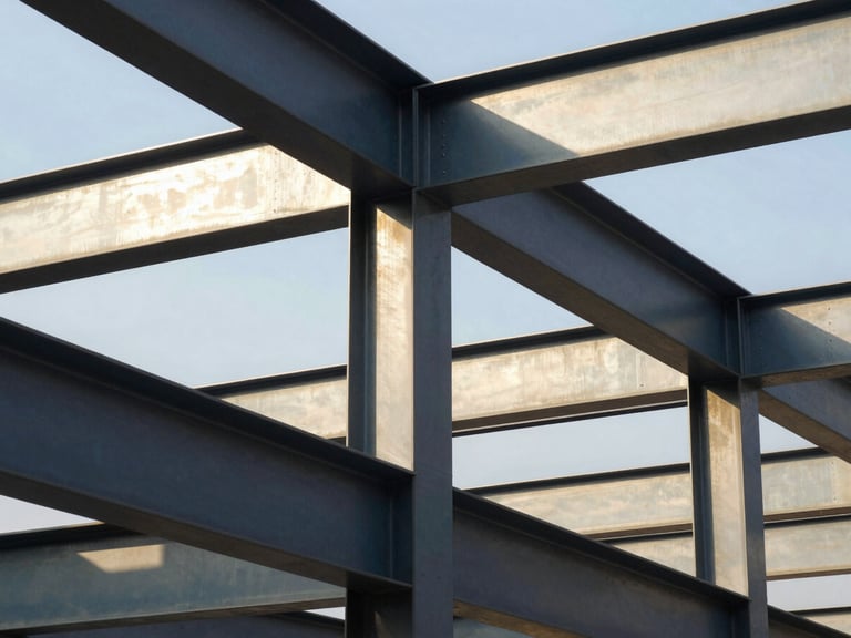 Abstract geometric structure of modern steel beams reflecting bright sunlight, representing structural growth and engineering