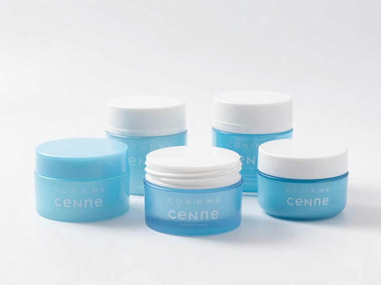Bright high-key commercial photography of neatly arranged premium cosmetic containers on a crisp white surface, clean studio light, soft blue tones, sharp focus.