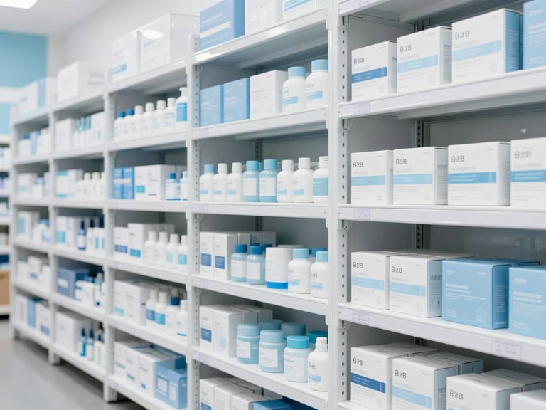 Bright high-key commercial photography of a modern, clean B2B distribution warehouse with organized shelves and packaged health and beauty products, soft blue accents.