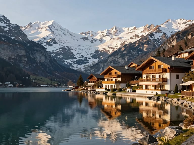 Majestic snow-capped Swiss Alps reflecting in a crystal-clear mountain lake, luxury wellness resort on the shore, warm afternoon light