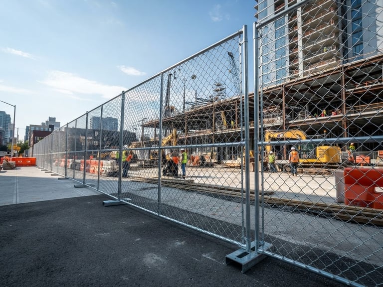 Low-angle heroic shot of newly installed, perfectly straight temporary chain-link fence panels surrounding a clean construction site, bright daylight, high-contrast industrial tones