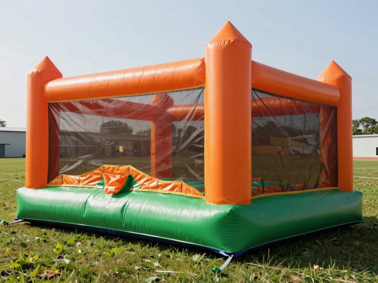 Clean, bright orange and green commercial bounce house inflated on a green field under bright morning daylight