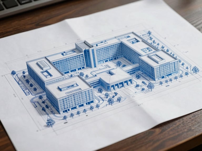 Wide-angle architectural blueprint of a modern corporate facility layout, clean blue lines on white paper, diffused daylight with sharp shadows.
