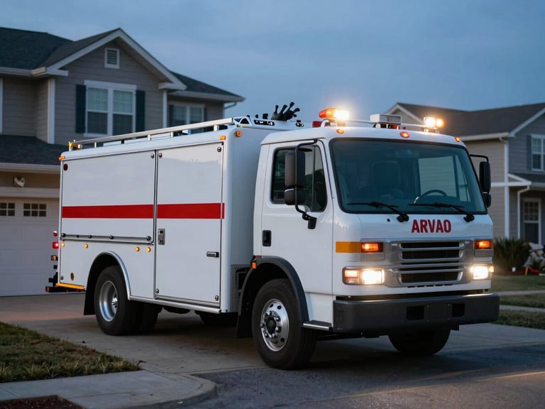 A fully equipped emergency plumbing utility truck arriving at an Arvada suburban home at dusk, crisp realistic photography, bright direct work-light, 35mm