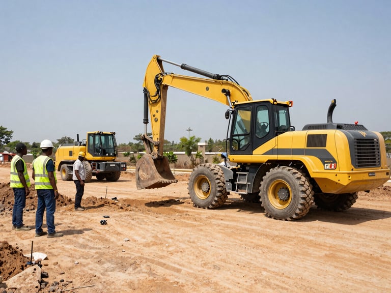 Équipe de construction gabonaise en PPE travaillant sur un chantier routier en plein soleil équatorial, avec de la machinerie lourde en arrière-plan, style documentaire professionnel.