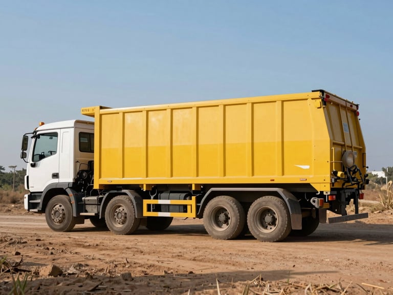 Camion de gestion des déchets industriels sur une piste en terre battue, transportant des conteneurs, au lever du soleil équatorial, style industriel.