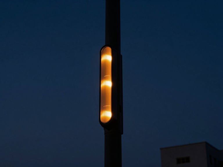 Low-angle shot of a sleek smart utility pole silhouette against a deep navy twilight sky, glowing saffron LED indicators, modern Indian urban grid