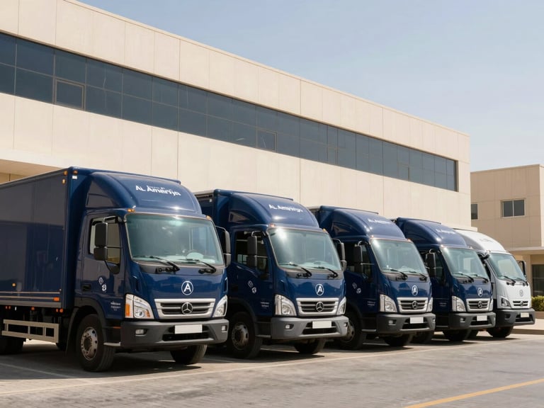 A fleet of clean, branded navy-blue moving trucks parked in an organized row outside a modern commercial building in Al Ameriya, bright midday desert sun