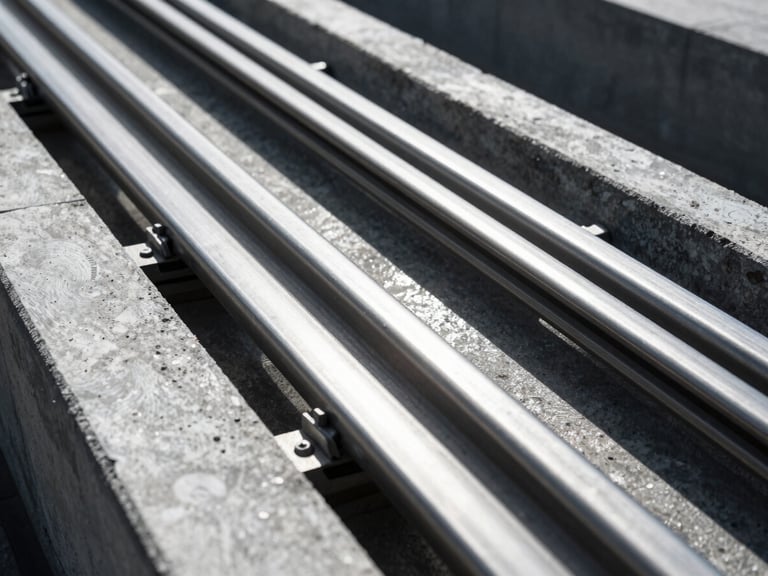 Close-up of heavy-duty steel elevator guide rails aligned in a concrete shaft, cold industrial daylight, high-contrast mechanical details