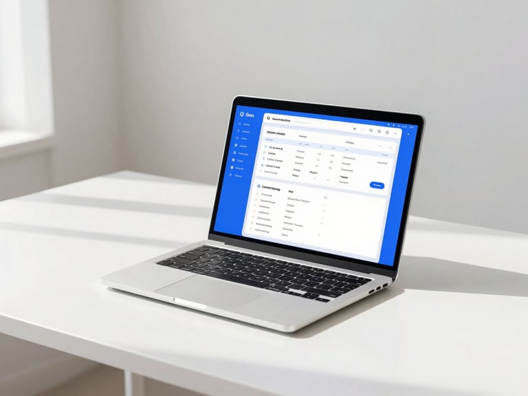 Bright minimalist digital workspace, natural morning daylight, clean white desk with an open laptop showing a structured learning dashboard, vibrant electric blue UI accents, 35mm