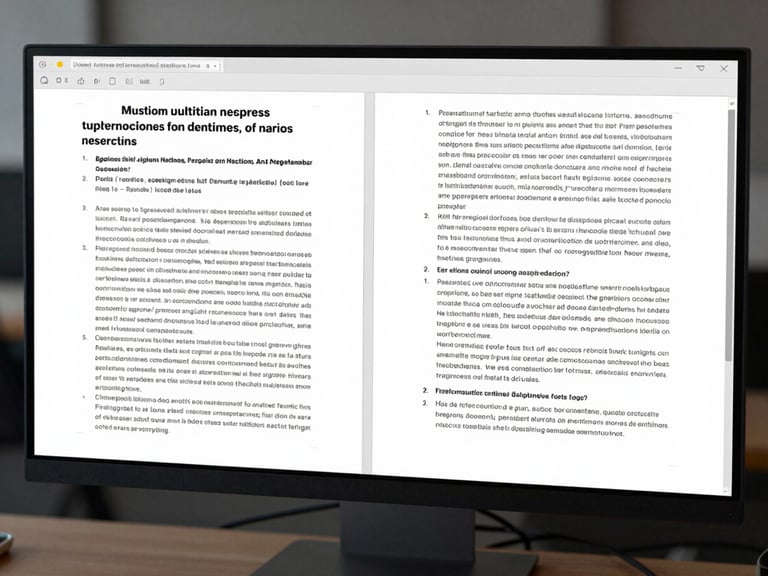 A split-screen view of a complex multilingual document on a high-resolution monitor in a cool-toned, professional workspace, showing side-by-side comparison and precise formatting.