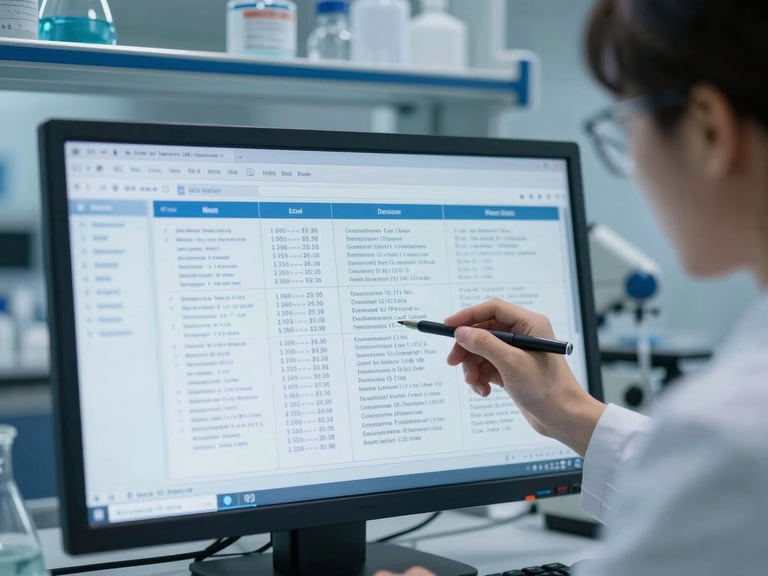 A clean, modern medical research laboratory, cool blue light, macro shot of a researcher reviewing bilingual scientific documentation on a screen, high clarity, focus on the digital interface.