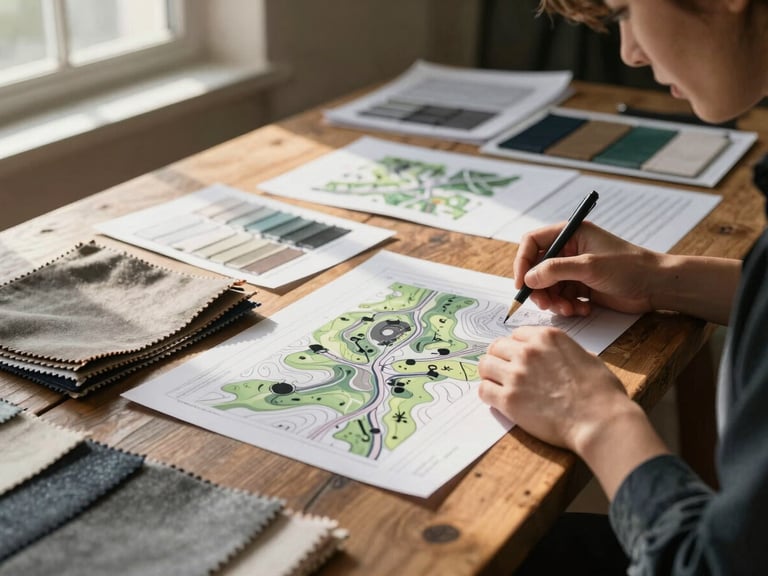 Candid studio shot of designers reviewing fabric swatches and topographic map proofs on a rustic wooden table, illuminated by warm natural window light.