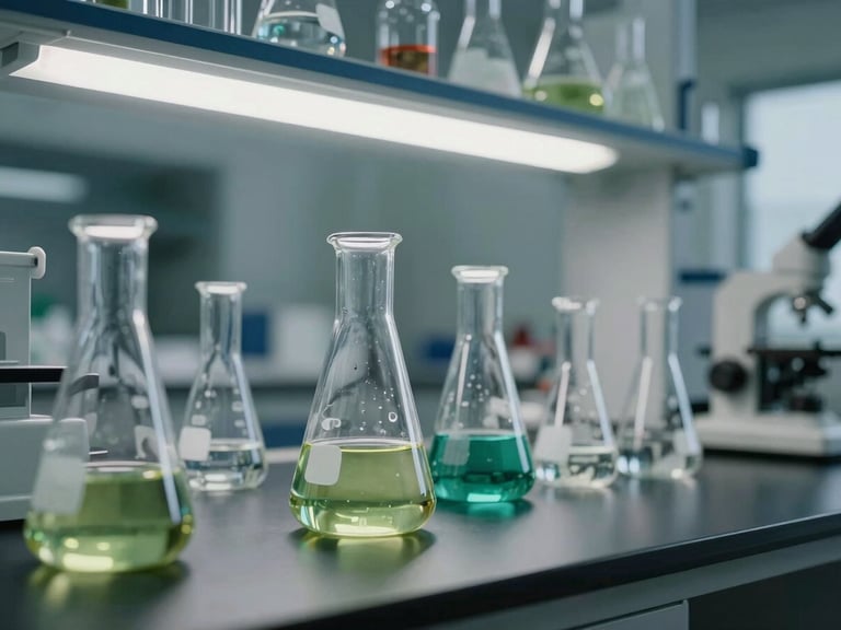 A modern, clean chemical laboratory with clear glass flasks containing naturally tinted liquids, clinical studio lighting, sharp focus, high-end corporate aesthetic