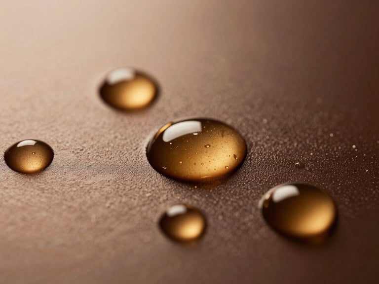 Macro texture shot of rich golden rose hip oil droplets on a dark reflective obsidian surface, warm studio lighting, high contrast.