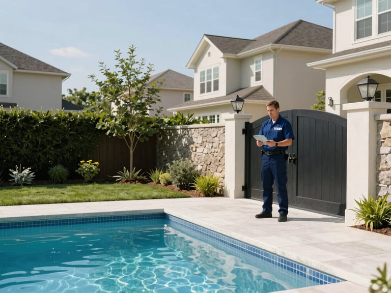 Uniformed YardSpring Pools technician with a digital tablet, approaching a gate to an affluent suburban backyard, bright morning daylight, professional and approachable.