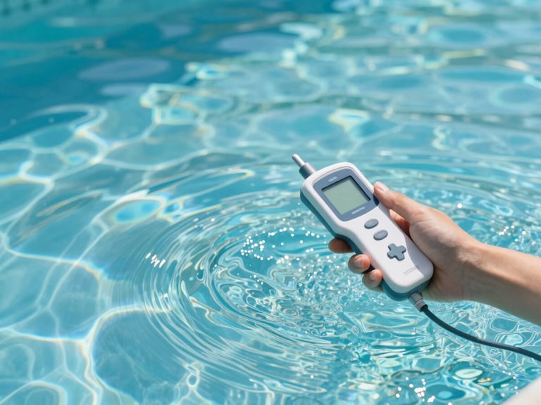 Close-up of sparkling pool water with gentle ripples, a professional hand holding digital water testing equipment, crisp blue tones, bright morning daylight.