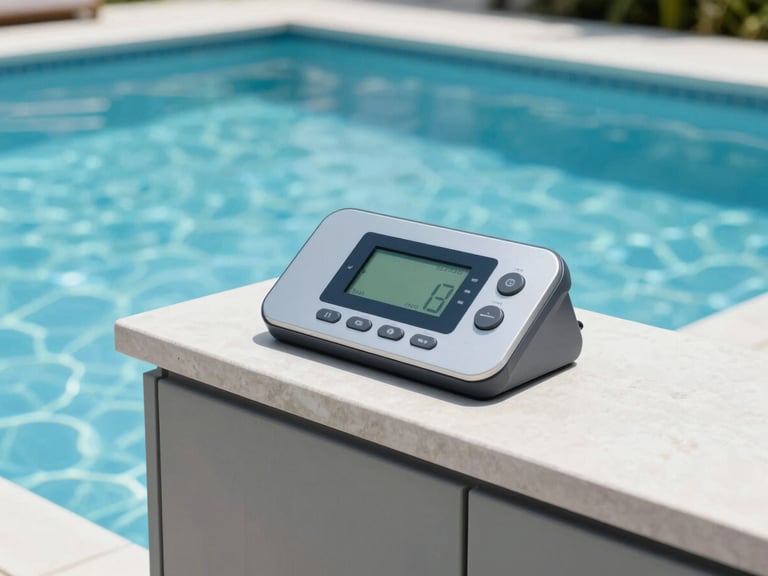 Close-up of a modern pool automation control panel with a digital display, integrated into a sleek outdoor cabinet, bright morning light, crisp blue and green tones.