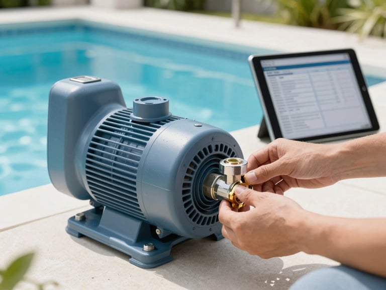 Close-up of modern, well-maintained pool pump and filter system, a technician's hand adjusting a valve, a digital report visible on a tablet in the background, crisp and clean.