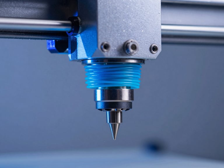 Macro photograph of a high-precision 3D printer nozzle extruding vibrant cyan filament, cool blue studio lighting, sharp details, 50mm lens