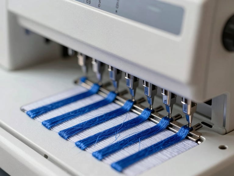 Close-up of a 12-head embroidery machine needle plate, royal blue thread feeding into the tensioner, clean metallic textures