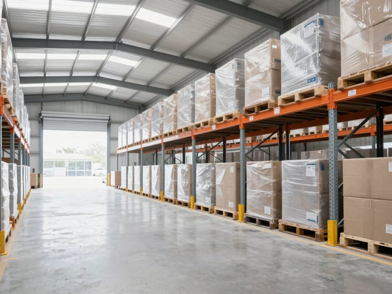 Bright high-key commercial photography of a modern, highly organized warehouse interior, natural daylight, professional logistics, 35mm lens