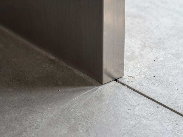 Detail shot of a perfect material transition, where a polished concrete floor meets a brushed steel profile with a clean, razor-sharp joint, bright natural architectural lighting.