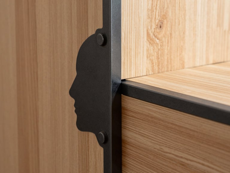 Plano de detalle simétrico del encuentro entre un perfil de acero negro y un panel de madera noble, junta de dilatación perfecta, luz natural limpia.