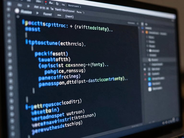 Macro shot of clean, structured TypeScript code on a high-end monitor, electric blue syntax highlighting, dark IDE interface, shallow depth of field