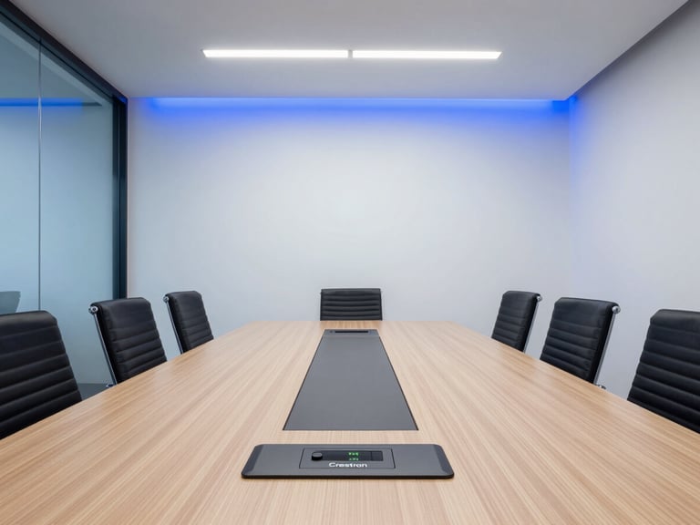 Straight-on architectural shot of a modern corporate boardroom, clean oak table with a sleek Crestron touch panel, cool clean office lighting, blue LED accents.