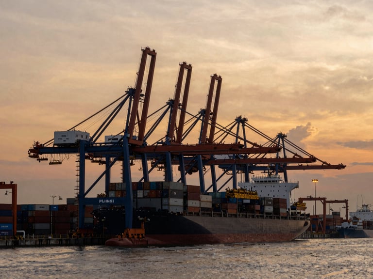 Cinematic wide-angle shot of Tanjung Priok container terminal at dawn, amber sky, heavy harbor cranes loading shipping vessels, dramatic lighting, 35mm lens