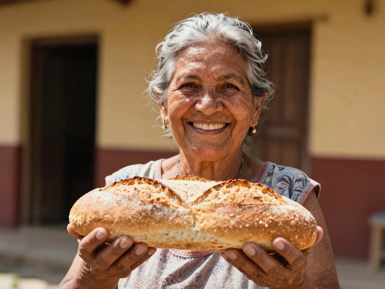 Portrait of a smiling Venezuelan grandmother holding a fresh loaf of bread, warm natural golden sunlight, authentic human connection, shallow depth of field, 35mm