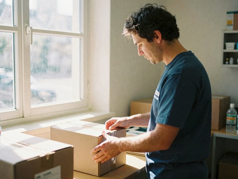 A local volunteer organizing medicine boxes in a bright, clean community clinic, warm sunlight streaming through the window, 35mm