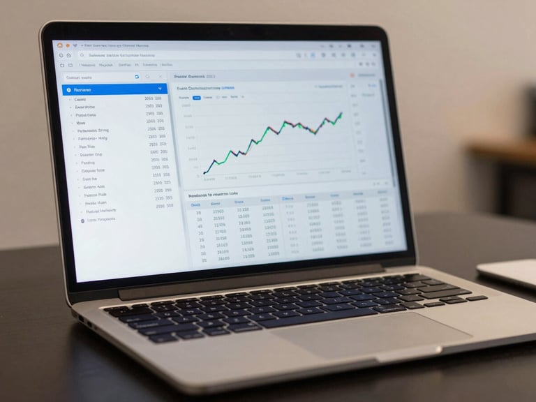 Close-up medium shot of a laptop screen displaying a clean institutional investment dashboard—portfolio balance, performance chart, and transaction list visible—on a dark desk surface under even studio lighting, no reflections, procedural and precise