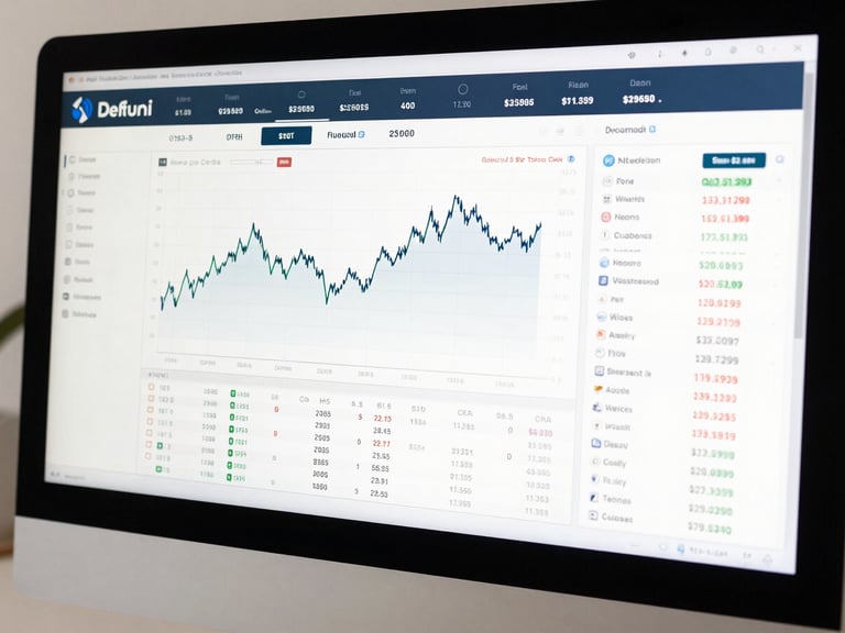 Wide close-up of a desktop monitor displaying an investment portfolio dashboard with real-time balance figures, a clean line performance chart, and a scrollable transaction history list, bright even studio lighting, no glare, procedural and readable