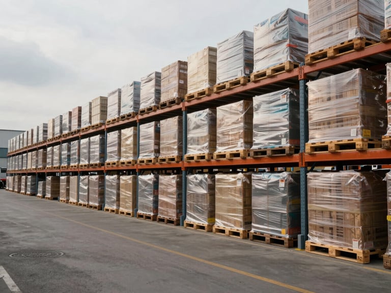 A busy European warehouse loading dock with structured cargo pallets, natural overcast daylight, wide-angle environmental framing.