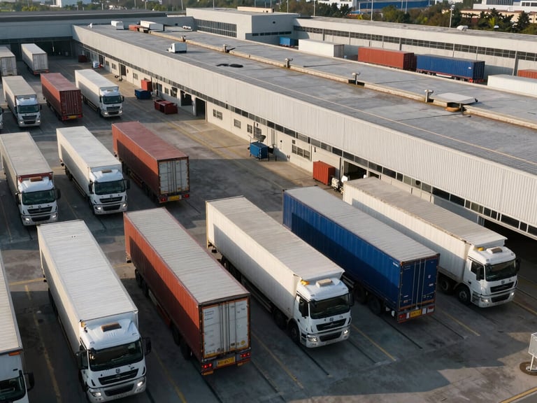 Wide-angle environmental shot of a modern logistics terminal at dawn, commercial transport fleets aligned, crisp architectural shadows, natural high-contrast daylight.