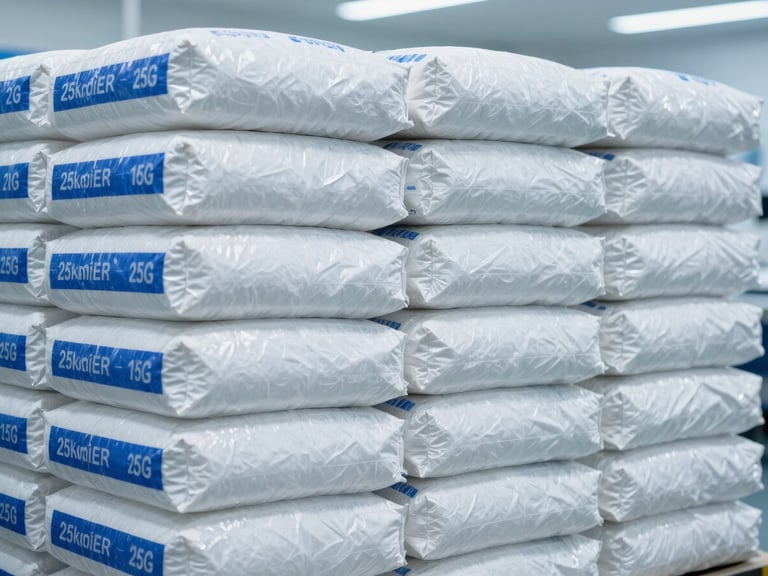 Crisp industrial photograph of neatly stacked 25kg multi-ply bags of white chemical powder, clearly labeled, in a clean, brightly lit warehouse setting, cool blue and white tones, sharp focus, 50mm.