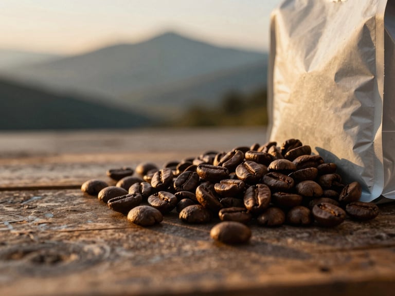 Close-up of freshly roasted coffee beans and packaged coffee bag on a rustic wooden surface, golden-hour mountain light, rich earthy tones, shallow depth of field, 35mm film style.