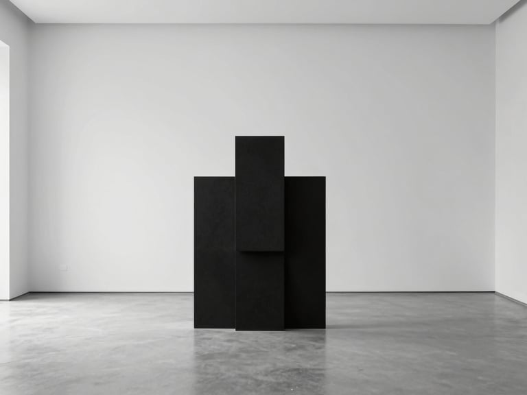 A minimalist gallery space with a single, striking contemporary art installation, soft natural diffused light, desaturated black and white, sharp focus, 35mm architectural lens.