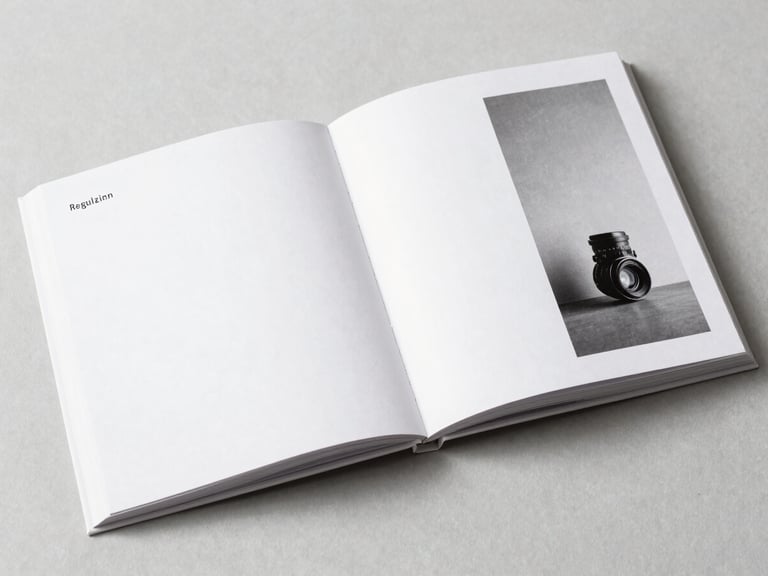 A flat lay of a beautifully designed, open art catalogue page with crisp typography, soft natural diffused light, desaturated black and white, sharp focus, 35mm architectural lens.