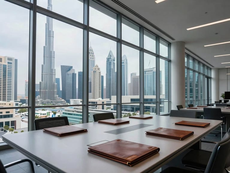 Panoramic wide shot of a modern institutional interior in Dubai, floor-to-ceiling glass overlooking a city skyline under overcast cool daylight, a large flat planning table with closed leather portfolios in the foreground, no people, architectural lines converging toward the right edge