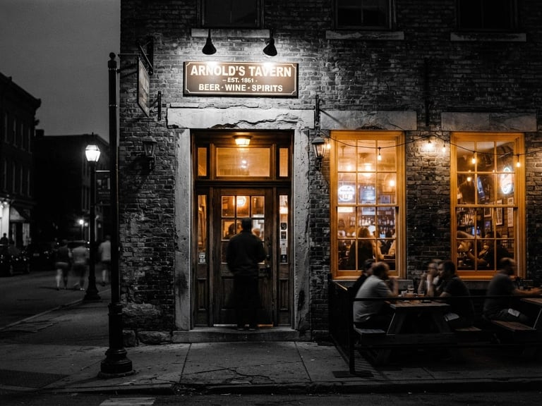 High-contrast black and white photograph of a historic Ohio tavern storefront, weathered brick facade, glowing windows, classic tavern entrance, editorial 35mm film style.